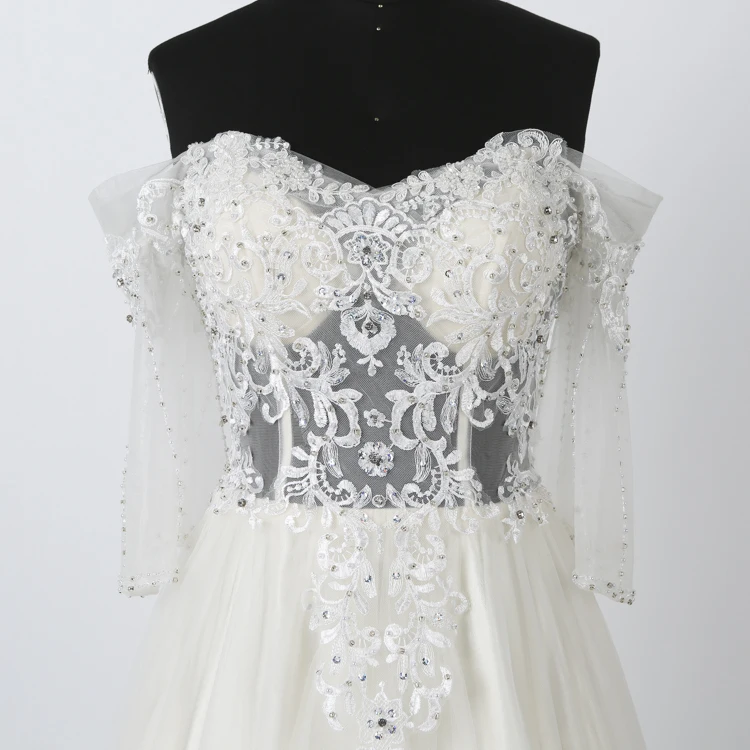 
Custom made tulle embroidery lace beading off the shoulder ball wedding gown puffy wedding dress 