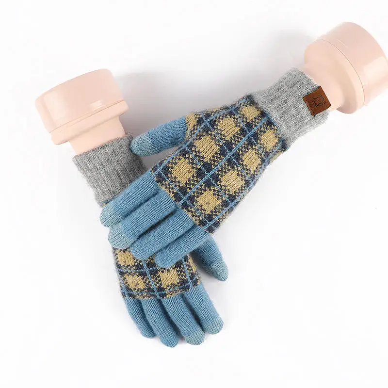 Cheap Winter Neutral Plaid Touch Screen Gloves Thickened Keep Warm Acrylic Knit Gloves
