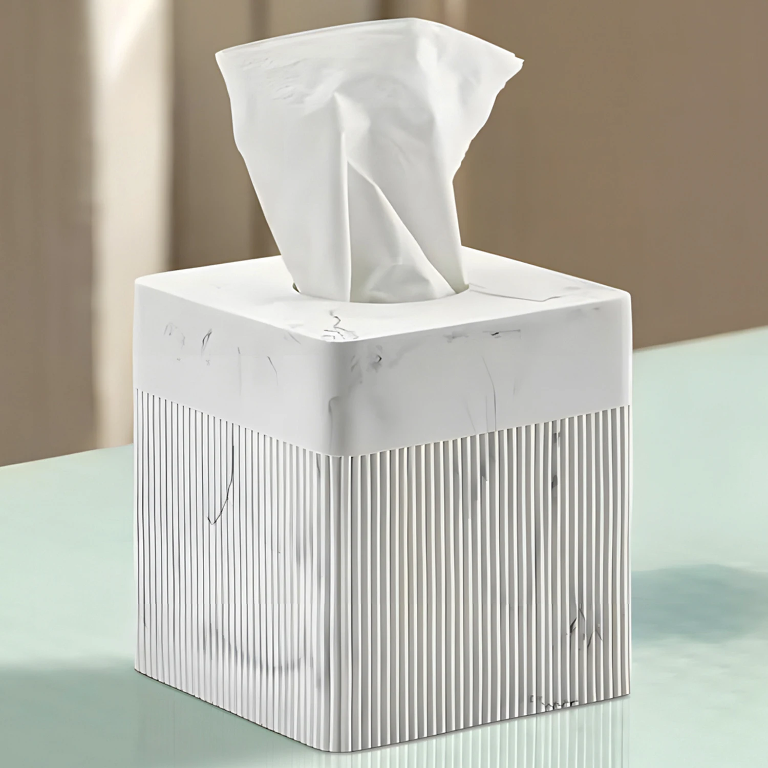 Marble White Tissue Box Cover Square Tissue Holder Storage for Bathroom Vanity Tissue Dispenser with Vertical lines