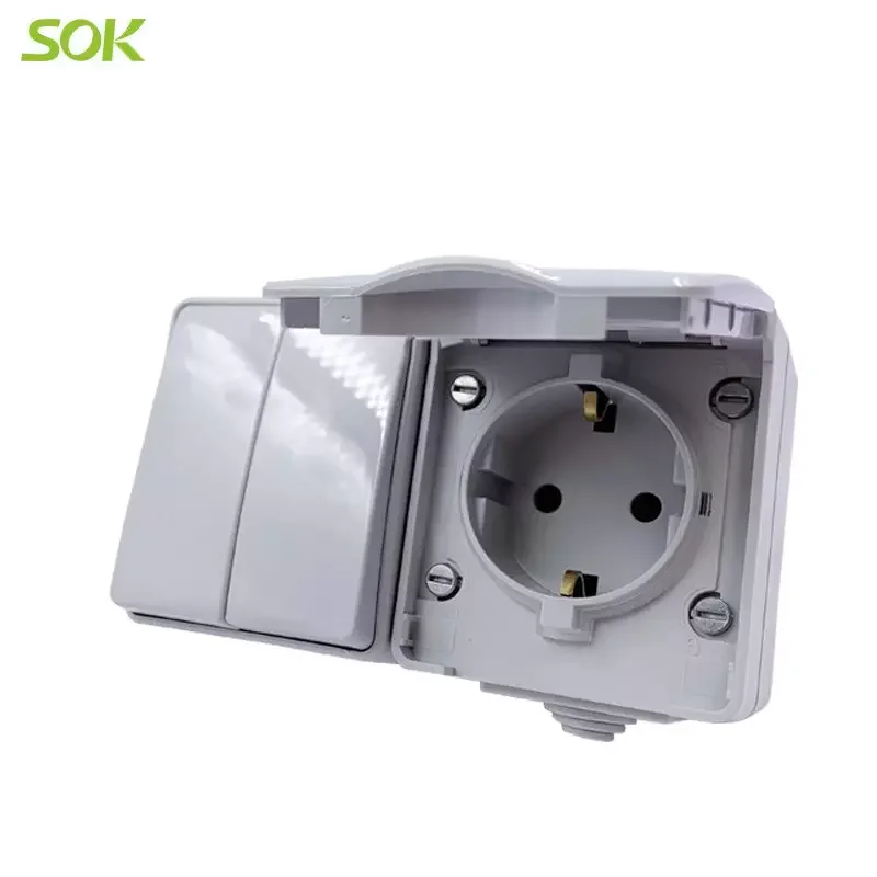 2 Gang 2 Way Light Switch and 1 gang Schuko wall sockets with earthing and protective door wall plate switch IP65 wall switches