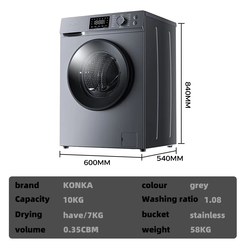 Konka 8kg 10kg Front Load Washing Machine 220V 50hz Powerful Motor 1950W 1400rpm With Spin Dry Class A Quick 15min Wash English