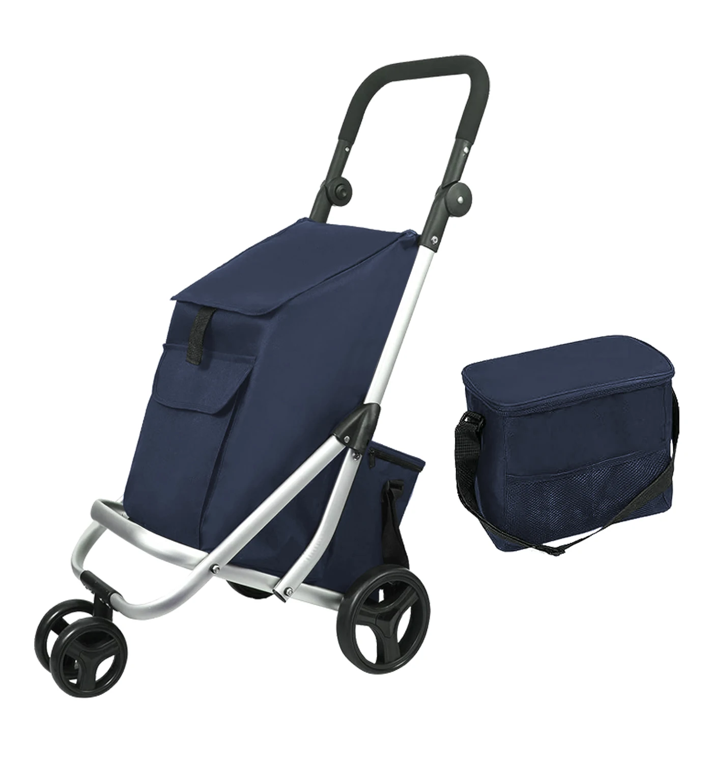 Large three-wheeled folding shopping trolley with insulated bag