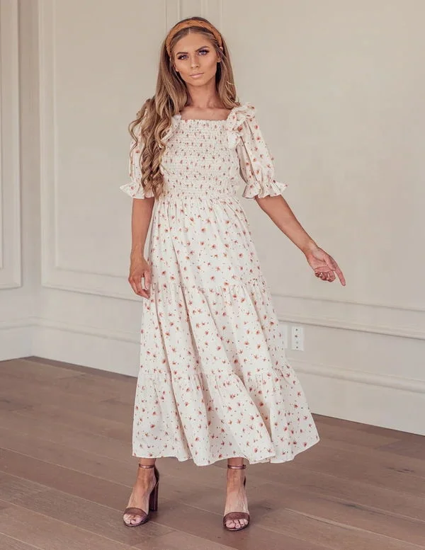 Women Boho Floral Print Square Neck Short Sleeve A Line Smocked Dress Flounce Shirred Ruffle Maternity Flowy Maxi Dress