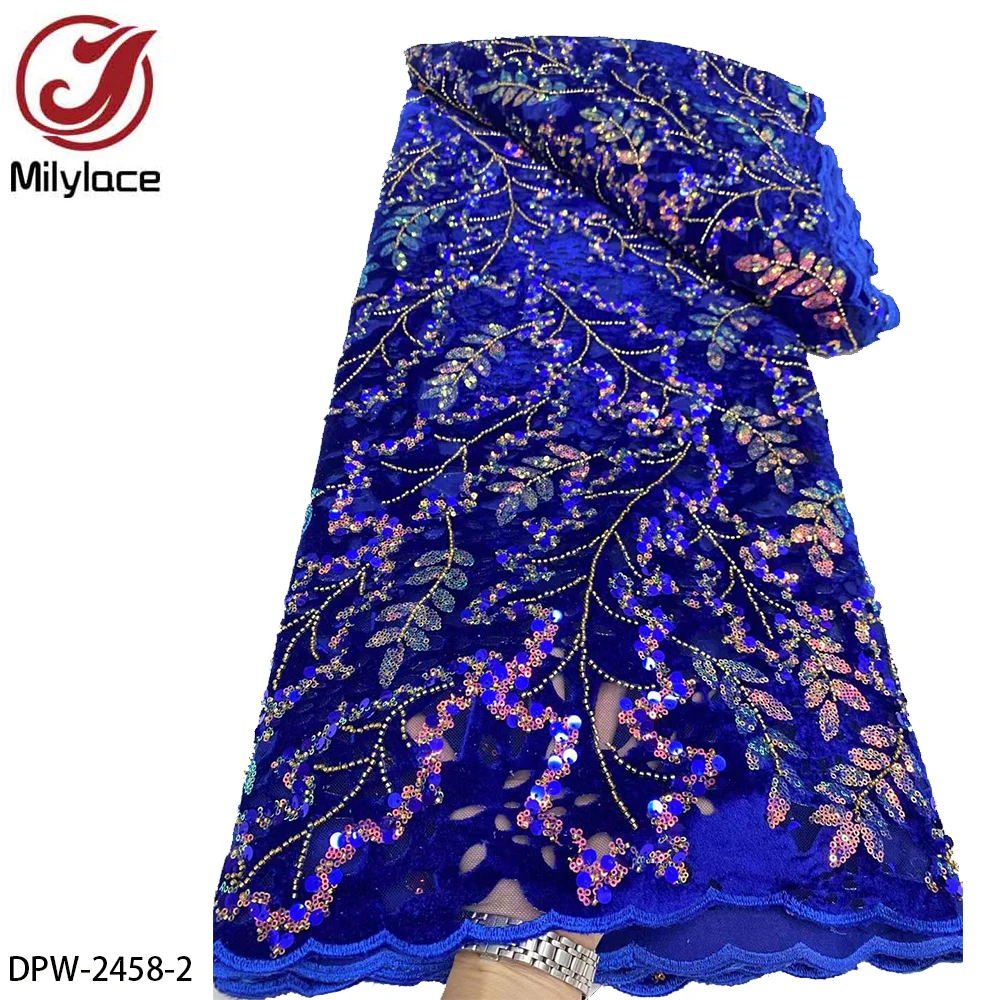 Nigerian 2024 Flower Embroidery Beaded Sequin Velvet Lace Fabric For Nigerian Wedding Dress