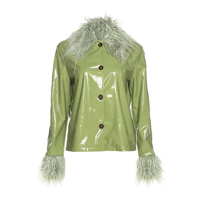 Autumn Fashion Fit Long Sleeve Fitness Jacket Fur Collar Single Breasted Slim Body Warm PU Leather Coat For