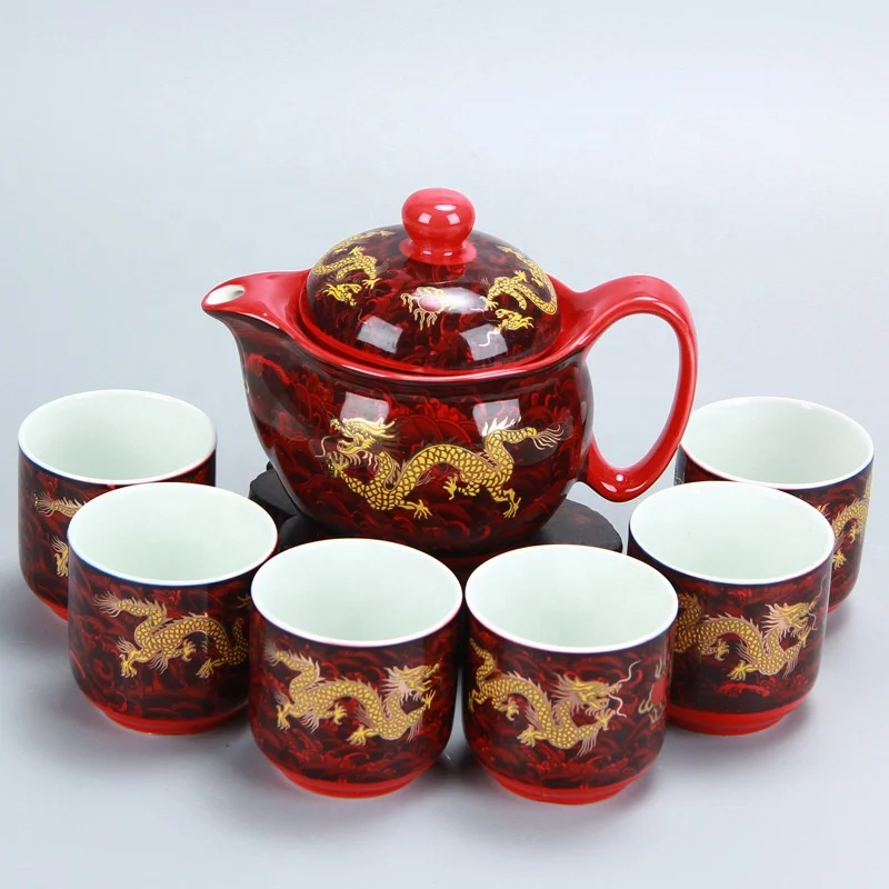 Golden dragon red glaze ceramic teapot and Ceramic cups assemblage Ceramic tea sets