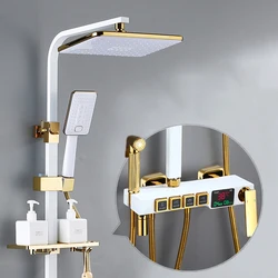 Digital Shower Set Luxury Thermostatic Bathroom Shower System Quality Brass Rainfall Bathtub Tap White Gold Digital Shower Sets