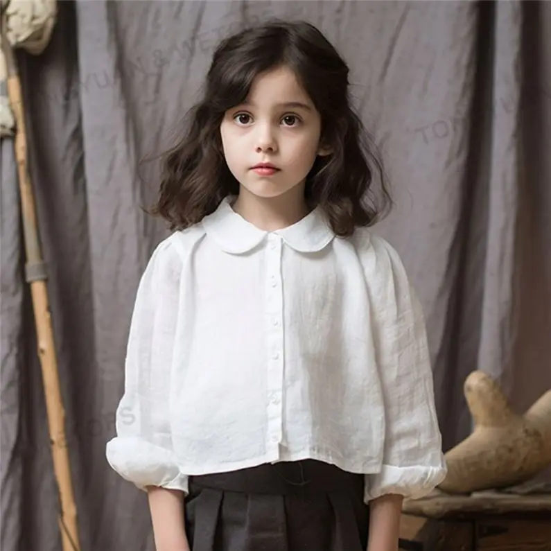 Korean Style Kids Girls White Blouse Beautiful Children Linen Cotton Shirts
