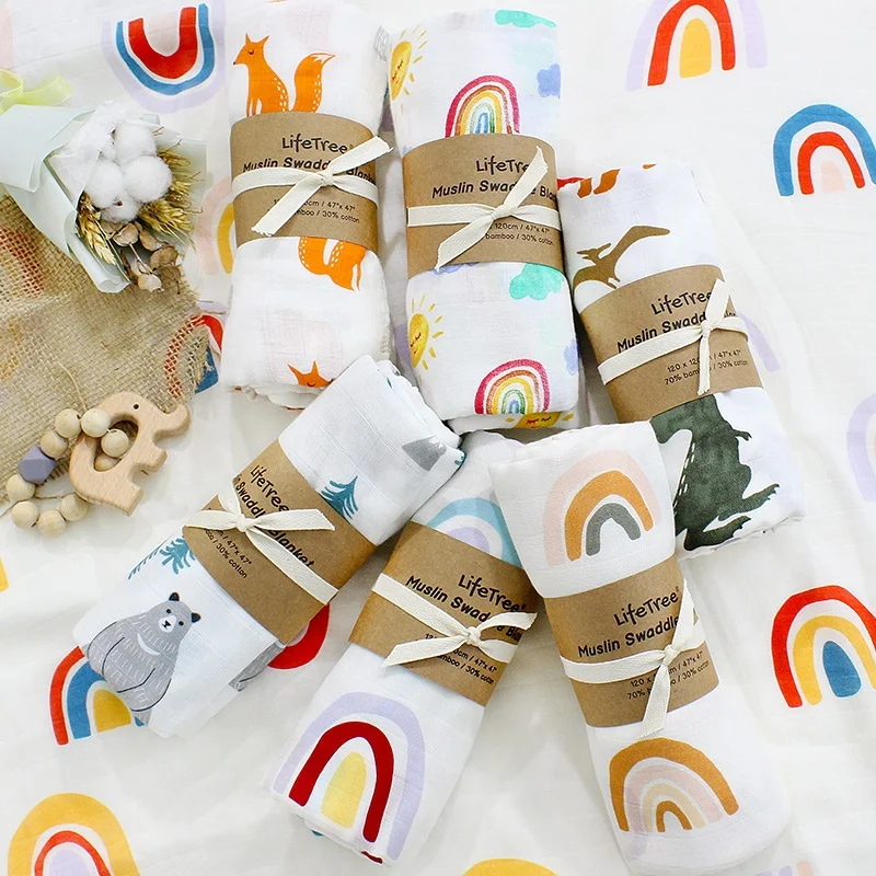 Rainbow Infant Receiving Muslin Wrap Bamboo Cotton Baby Swaddle Blanket Towel