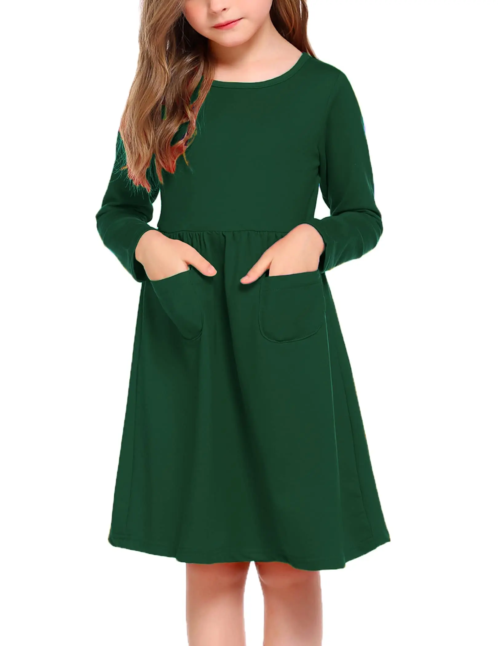Solid Color Casual Skater Pocket daily dresses for girls simple 3 year girl baby birthday dress long sleeve girls new dresses