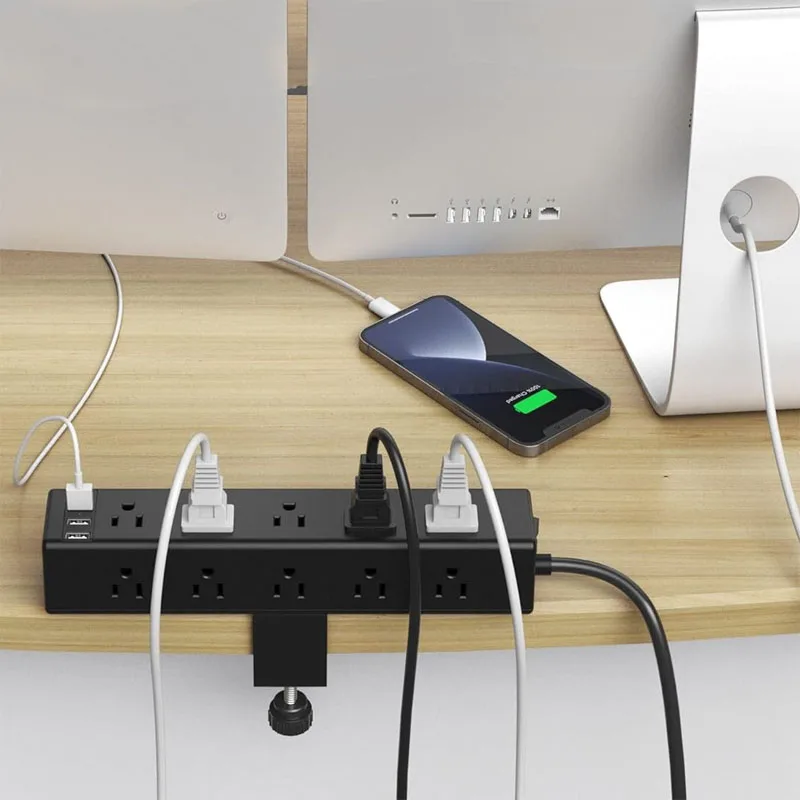 Table Clamp Power Strip USB type C Metal Desktop Mount Outlet Surge Protector Standing Desk Clamp Power Station with cable plug