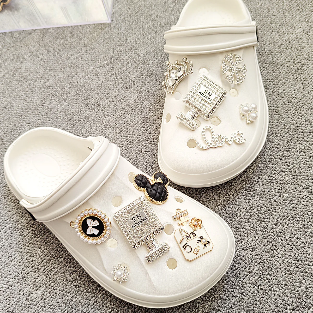 Silver khaki perfume bottle  shoe buckle accessories rhinestone crown love imitation pearl hole clogs charms slippers buckles