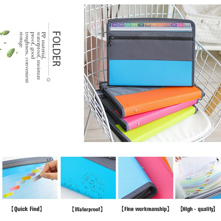 Plastic presentation portfolio padfolios 12 Pocket Accordion File Folder Document organizer expanding file with Zipper Closure