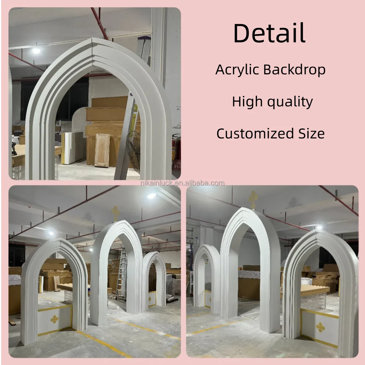 NIKA Customize Castle Shape Large Acrylic Stand Set 3D India Style White Acrylic Backdrop Door For Wedding Events