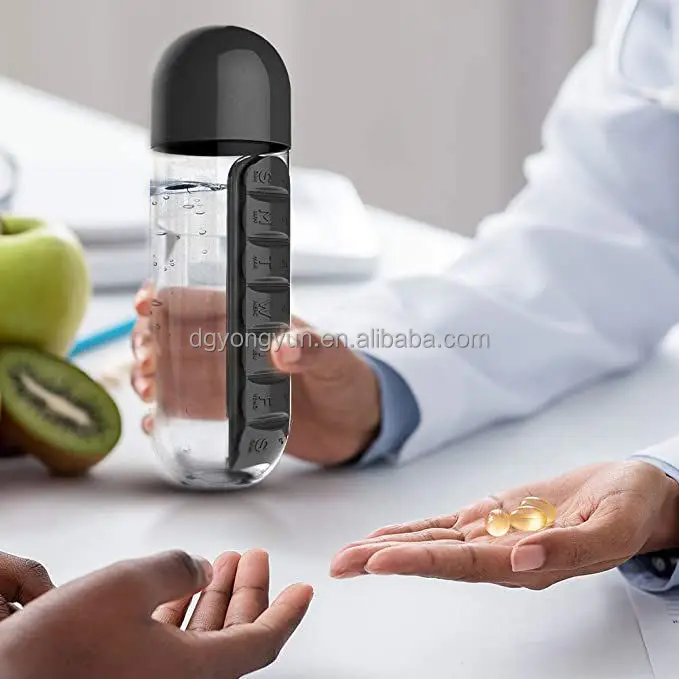 Portable Water Bottle Weekly Pill Cup Case , travel Multi Function Pill Bottle, Outdoor 7 Compartments pill Organizer box 20oz
