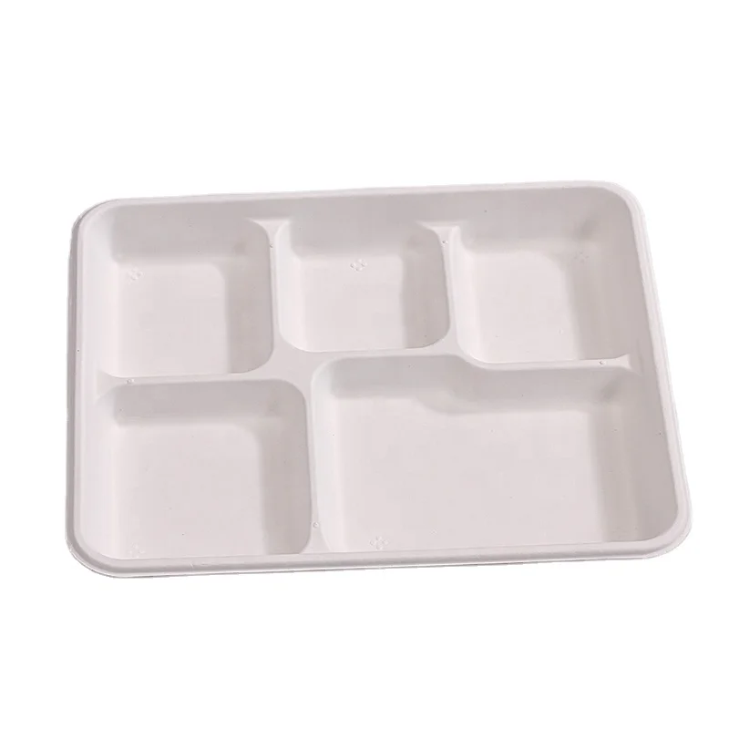 Free Samples Wholesales Eco-Friendly Microwavable Tray disposable Bagasse Paper Serving Trays with 5 Compartments