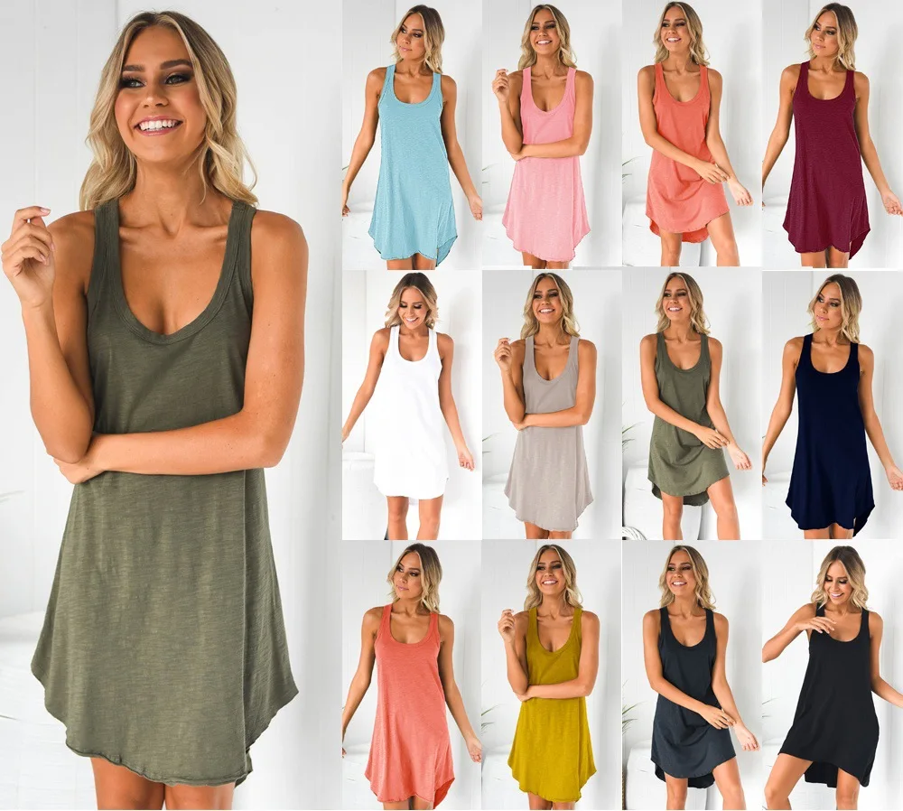 MOTE-ZC420 High Quality Plus Size Solid White Racer Tank Top Dress U Neck Sleeveless Casual Loose Ladies Short Dresses