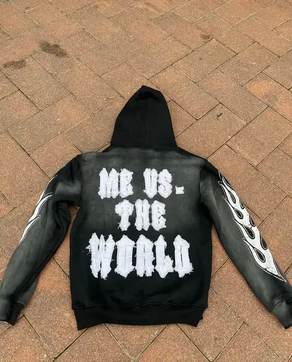 OEM Distressed Applique Embroidered Vintage Hoodie Heavyweight 500 gsm French Terry Acid Wash Sun Faded Zip Up Hoodie