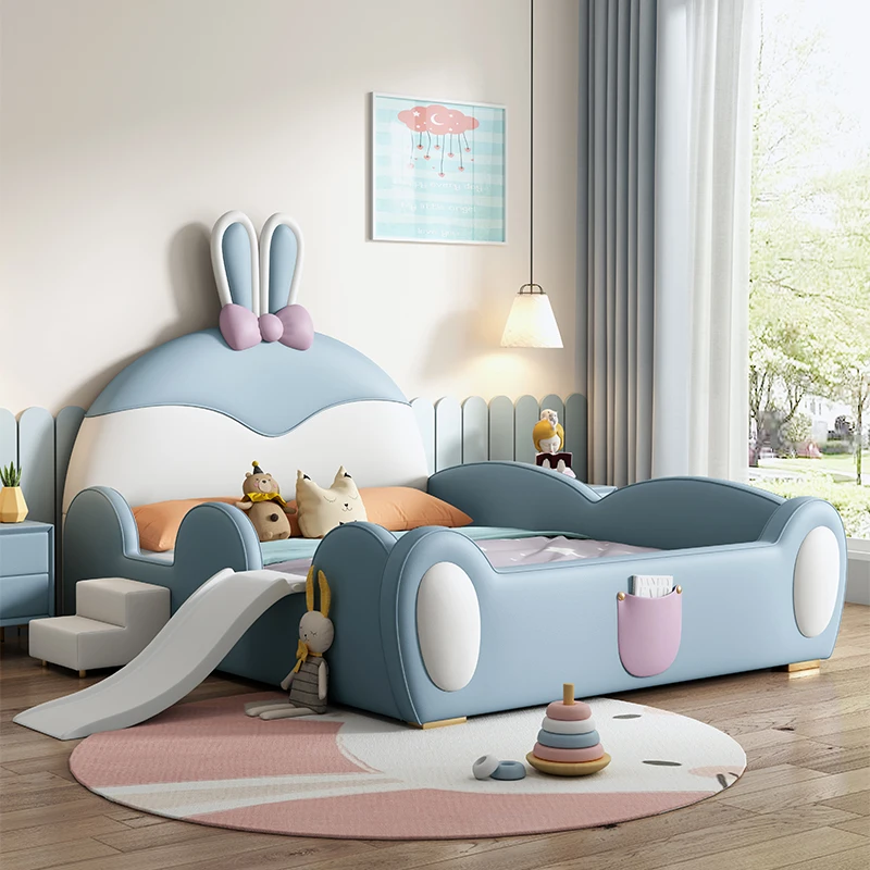 Modern Simple Rabbit Princess Bed for Kids 1.5m Bed with Guardrail Silicone Leather Bed Children Babies Bedroom Hotel Made Wood