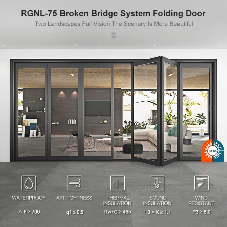 NFRC Exterior Folding Sliding Aluminum Doors Patio Bifold Door Black Accordion Bi Folding Doors with double glazing