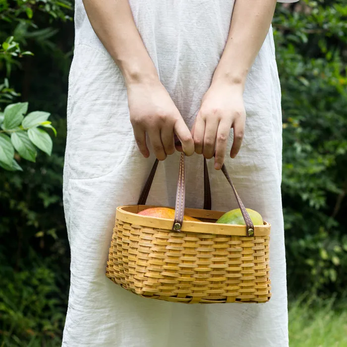 Wood storage bag wood baskets wholesale with leather handle for vegetable fruit bread or picnic