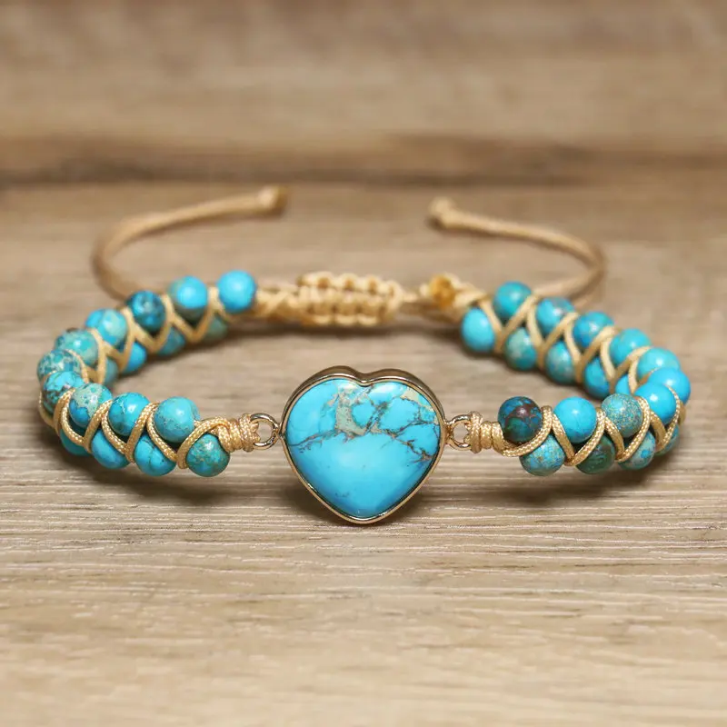 Dainty Beaded Bracelet for Women Jewelry Double-layer Handwoven Heart Charm Imperial Jasper Turquoise Stonr Bracelet