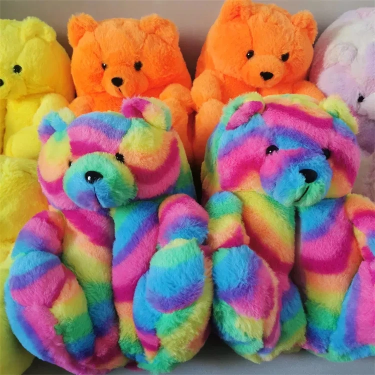 Non-Slip Indoor Animal Teddy Bear Slippers Black Pink Red White Women Slides  Cute Furry Teddy Bear Slippers Plush