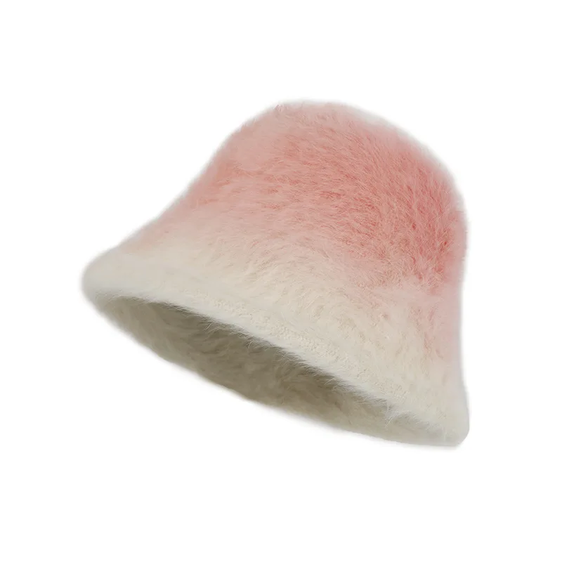 Gradient Rainbow Rabbit Fur Bucket Hat Fashion High-end Women Autumn Winter Warm Plush Fur Hat for Woman