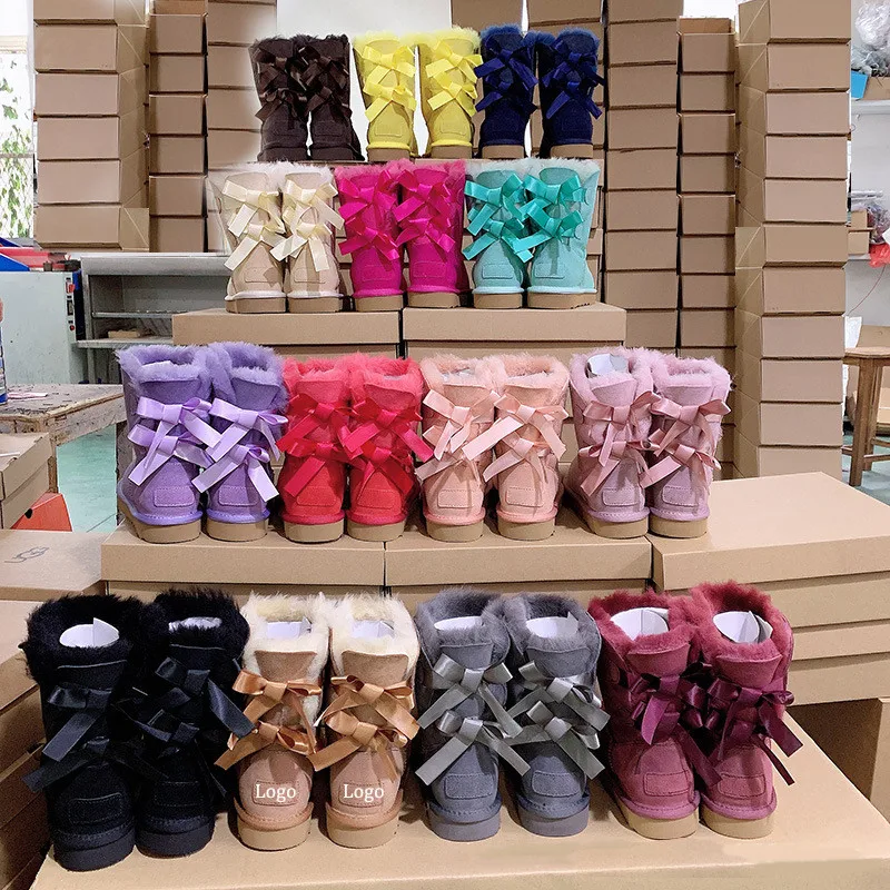 Wholesale 2022 Fashion Ladies Sheepskin Kids Women Winter Snow Ribbon Fur Boots With Bow