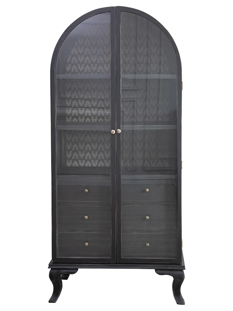 Classic Retro Arched Home Furniture Black Wood Glass Arch Cabinet
