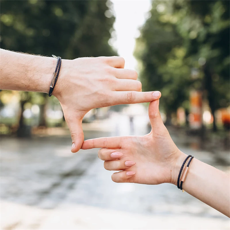 Couple Men Women Jewelry Customized Bar Tags Engraved Stainless Steel Magnetic Clasp Double Layer Braided Leather Bracelet