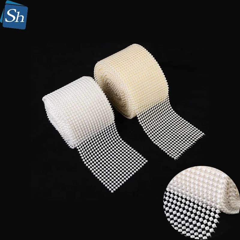 18 Rows  Pearl Mesh Ribbon Wrap Roll Acrylic Bead Pearls Trim For Wedding Party Cake Vase Bridal Shower Decorations DIY Craft