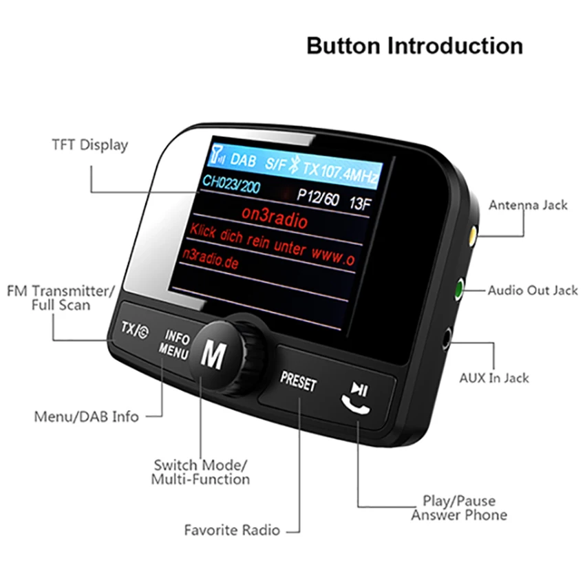 Car DAB Digital Radio Receiver Colorful TFT LCD Screen Bluetooth Handsfree Car MP3 FM Transmitter DAB car Adapter