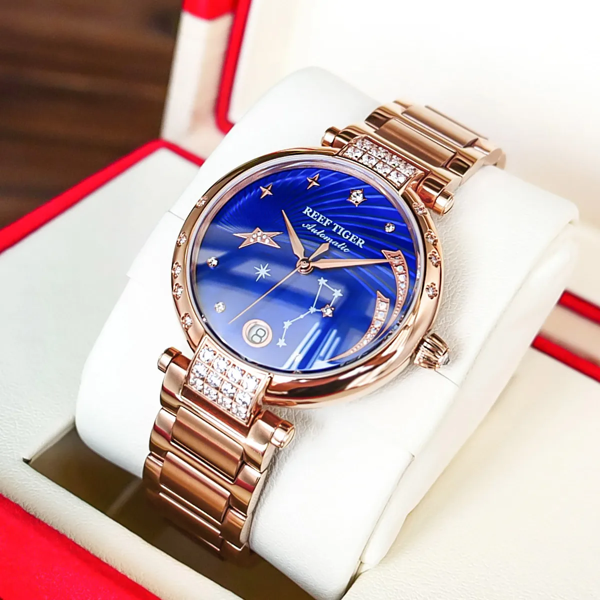 
Reef Tiger Top Brand Luxury Women Watch Ceramic Rose Gold Bracelet Diamond Automatic Mechanical Shell Watches Clock RGA1592 