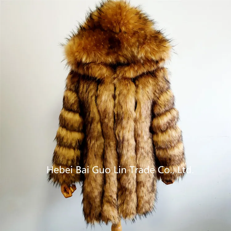 Women Artificial Fur Outwear Hooded Faux Fox Fur jacket Fake Fur coat