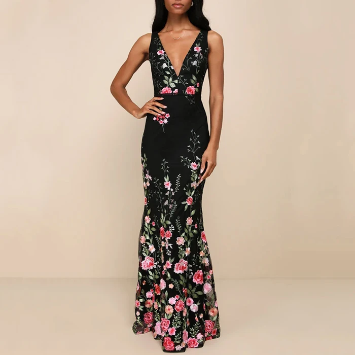Deep V Sleeveless Floral Embroidered Backless Maxi Dress Elegant Mermaid Black Long Prom Dress Black Evening Gown Dress Elegant