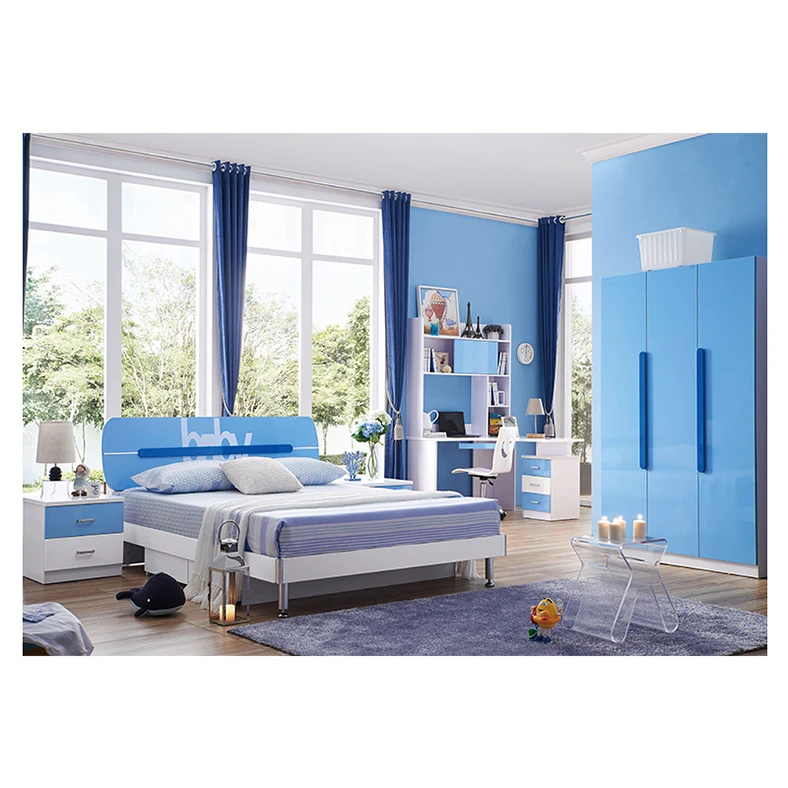 Оптовая цена, блестящий лаковый дизайн, детская кровать, синий комплект мебели для спальни для детей