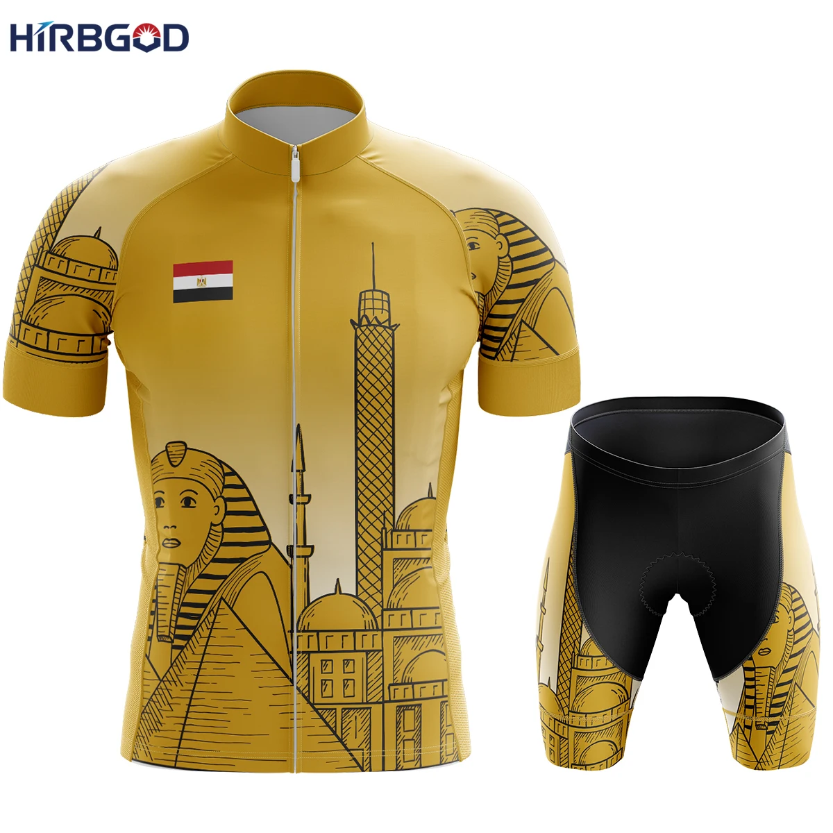 HIRBGOD Mens Egyptian National Cycling Team Bicycle Jersey Set Outdoor Full Zipper Cycling Wear  Classic Bib Short