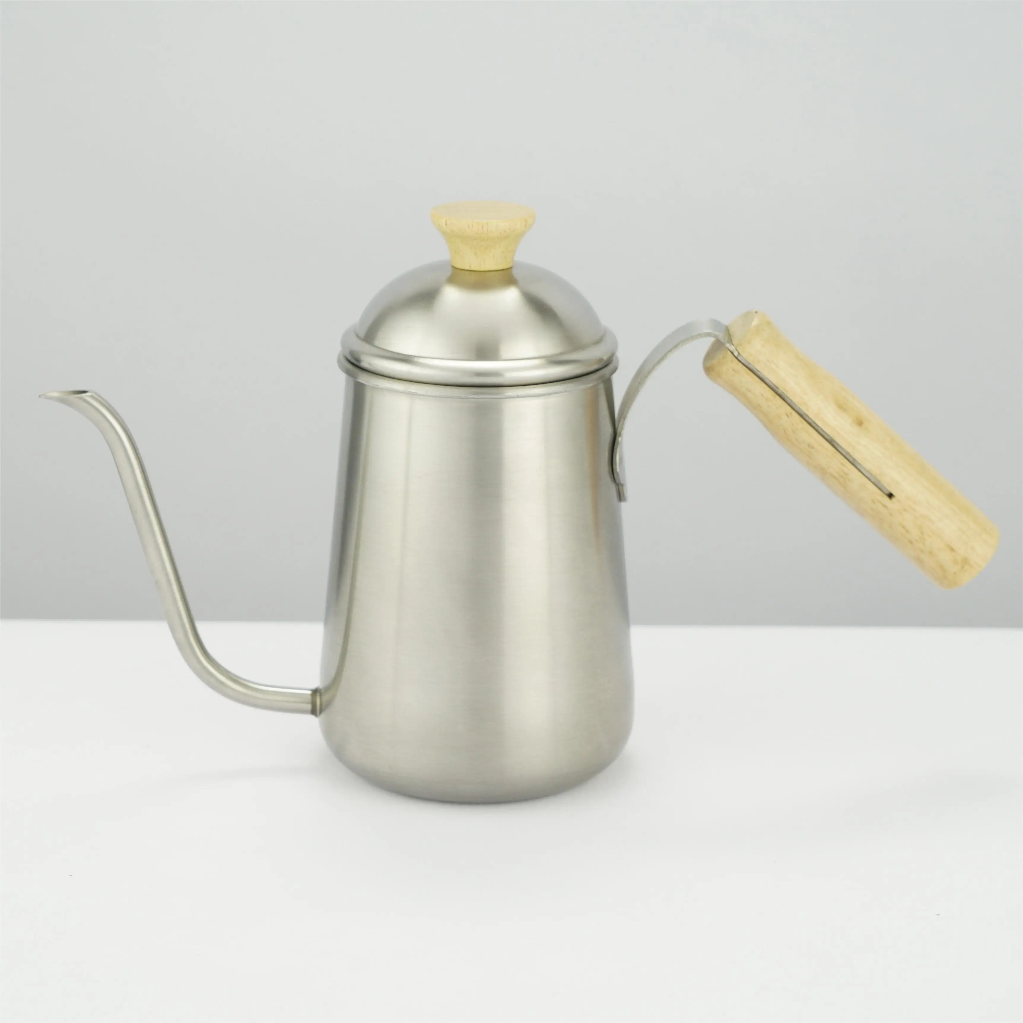 Factory New Japanese Stainless Steel Pour over Drip Coffee Kettle Silver Brushed with Wooden Handle Portable Metal Body