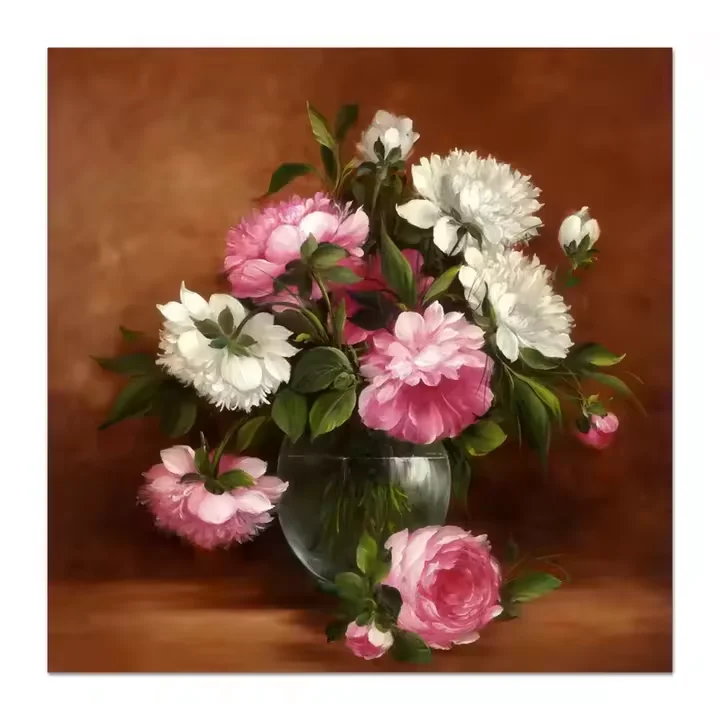 High Quality Canvas Artwork Pink White Flower Peony Handmade Oil Painting for Living Room Decor