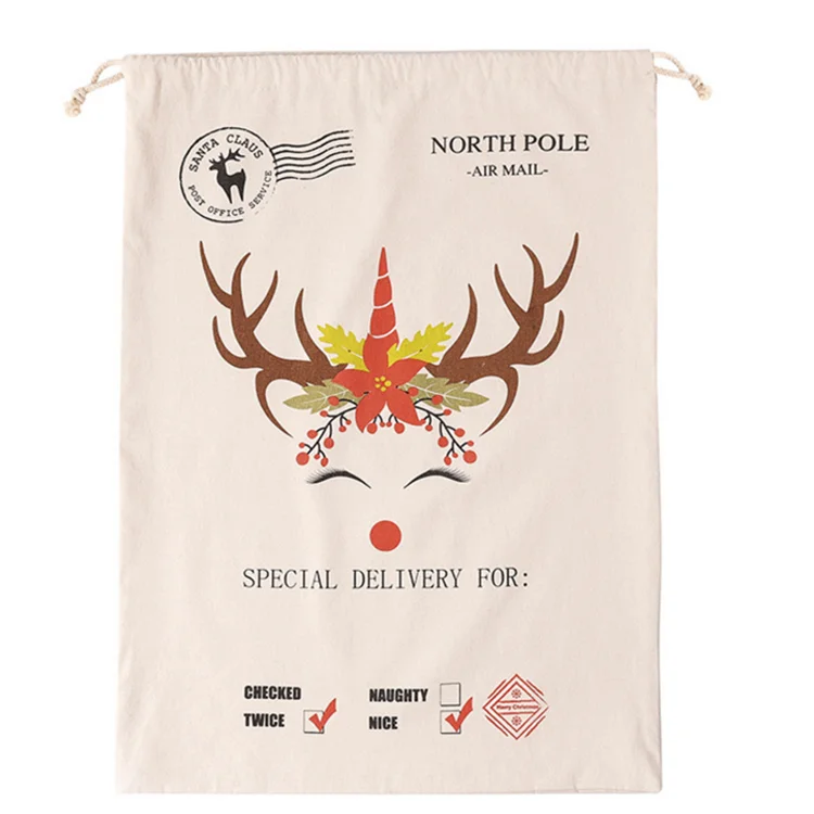 Wholesale calico natural cotton canvas drawstring  pouch high quality Christmas promotion packing gift bag custom bags