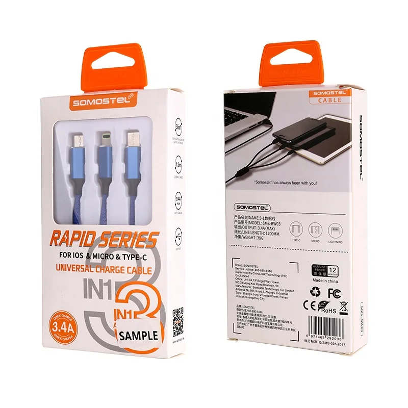 SOMOSTEL USB кабель для передачи данных 3 в 1 SMS-BW03 2.4A для зарядки и передачи данных зарядный кабель с разъемами типа C + Lightning кабель + кабель Micro-USB 3 в 1 зарядный кабель для ios и android