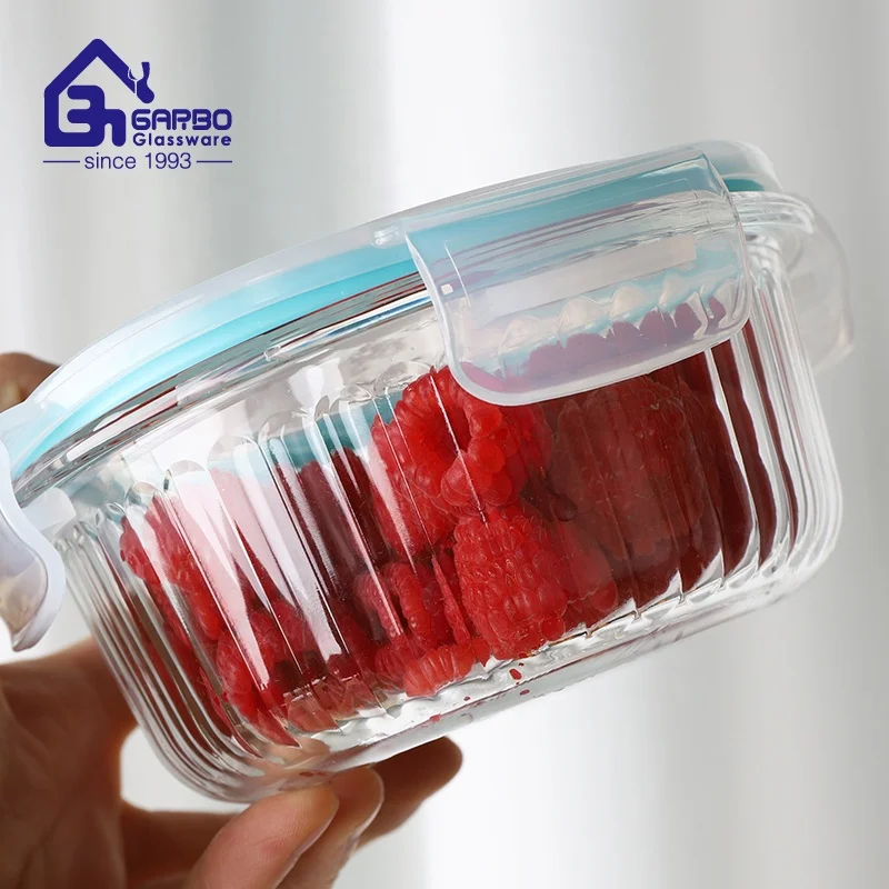 400ml 620ml 950ml Stripe design Wholesale Storage  Lunch Box High Borosilicate Glass Food Container With Locking Lid