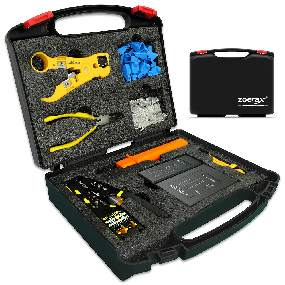 8 in 1 Crimping Tool Kit 8P 6P Pass Through Network Tool with Tester Wire Cutter Blades Cat6 Connector Boot RJ45 Crimp Tool Kit