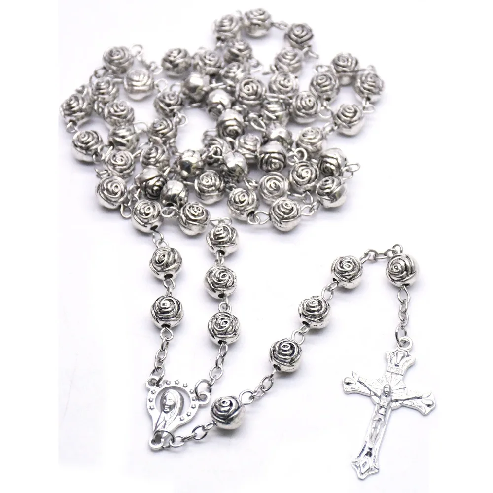 8mm Cross Alloy Flower Necklace Rose Ancient Silver Rosary Necklace Religious Christian Prayer Rosary