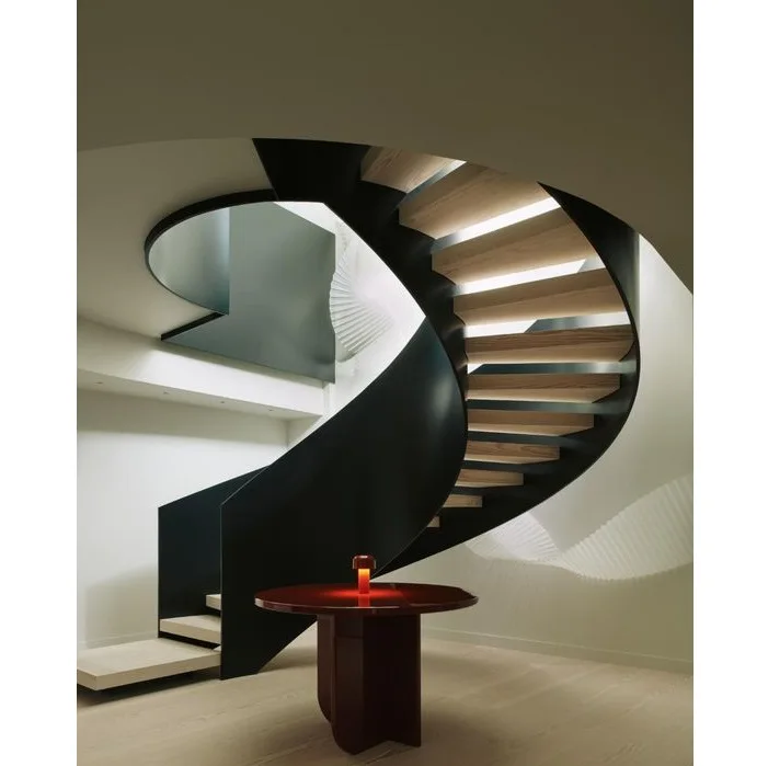 Custom Carbon Steel Spiral Stairs Cast Iron Curve Staircase With Wood Treads