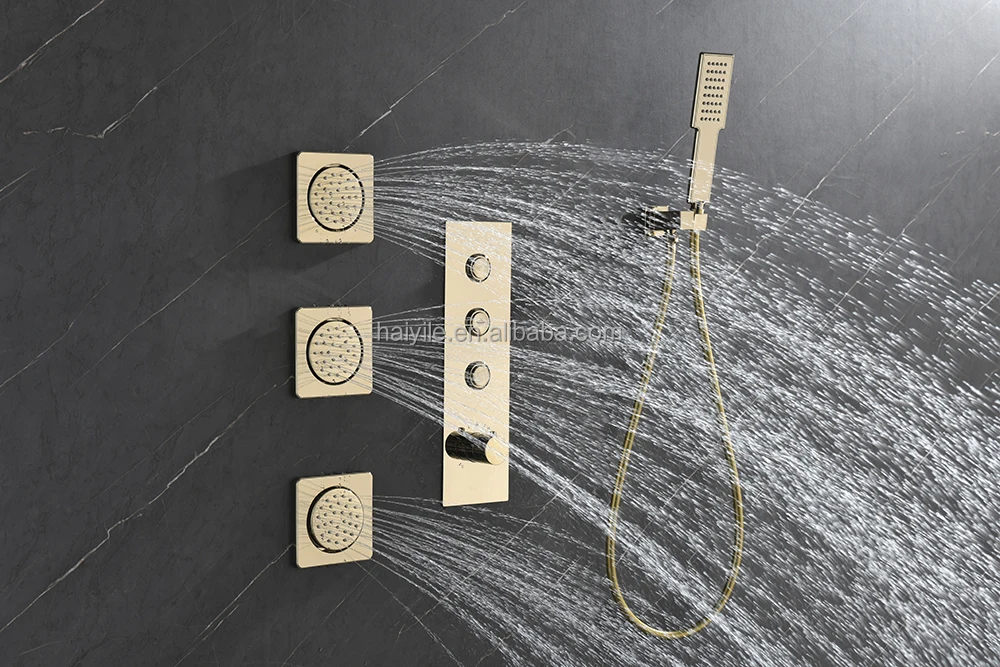 19x19-inch, ceiling-mounted concealed shower system with three body jets, hidden design, light gold, round, thermostatic button