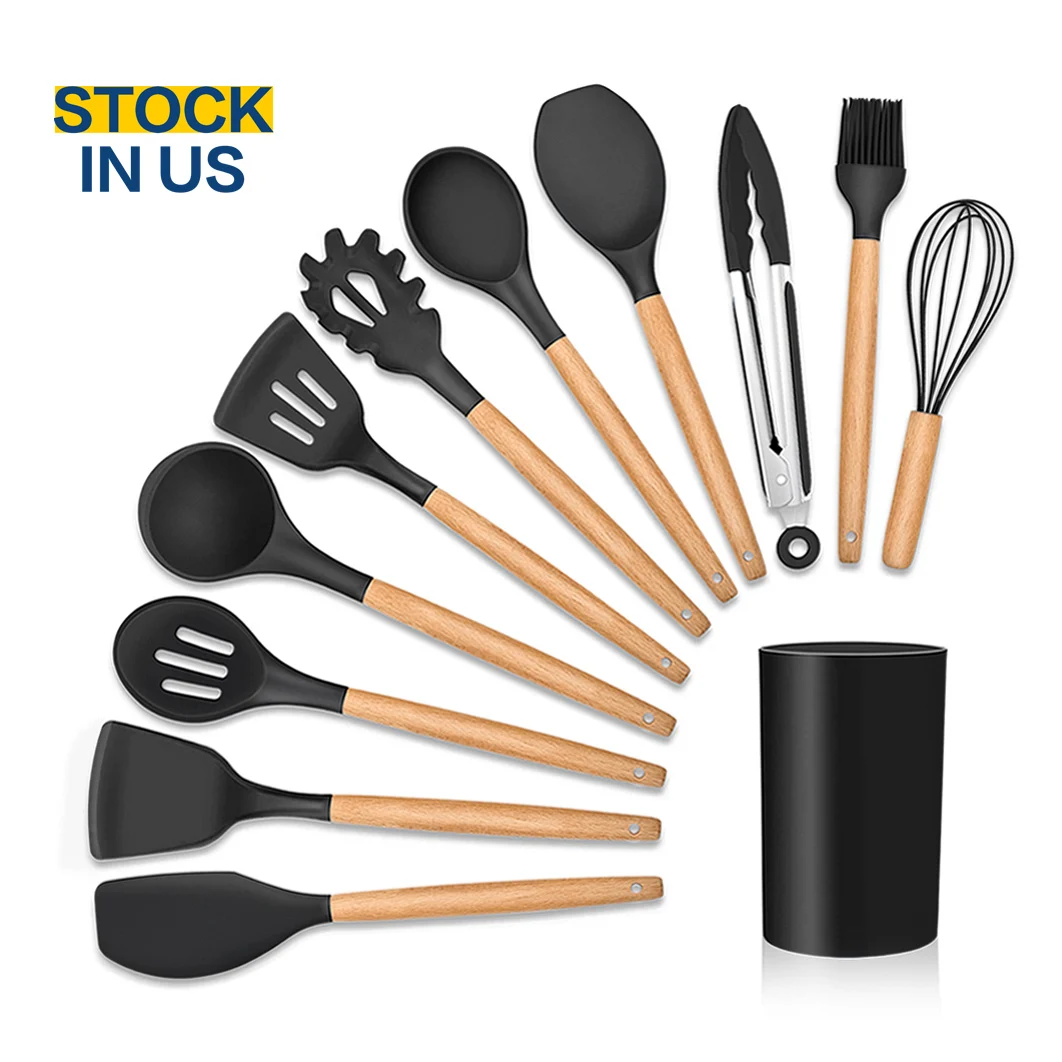 US STOCK 12 pcs wooden handle cooking tools food grade US STOCK silicone cooking kitchen Utensils Set with holder