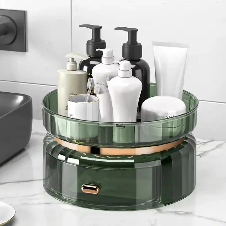 360 Rotating Makeup Organizer Perfume Tray with Drawers Bathroom Countertop Vanity Lazy Susan Cosmetic Display Case