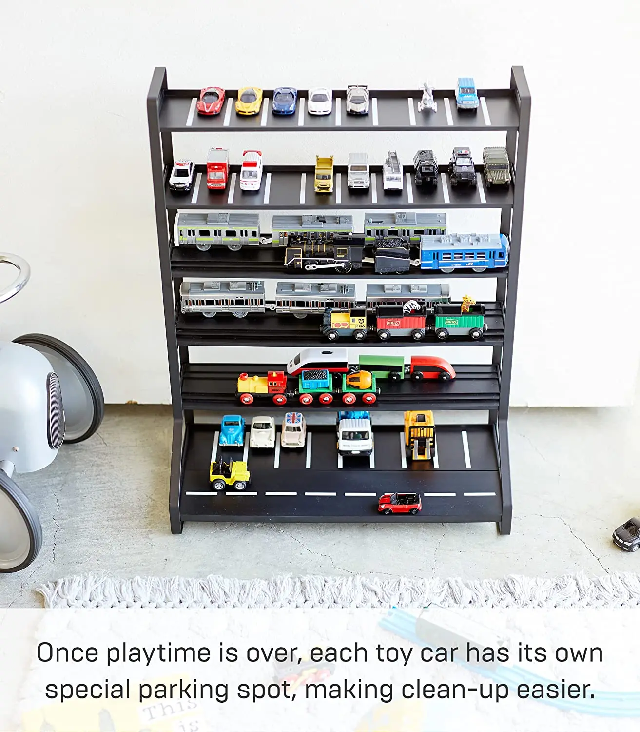 Customized 6 Layers Metal Black Garage Home Train Hotwheels Model Car Display Stand, Kids Toys Storage Rack